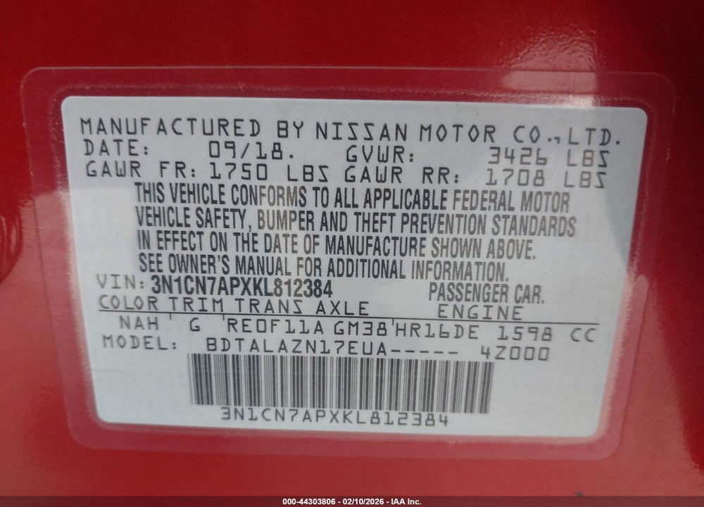 2019 NISSAN VERSA 1.6 S+ VIN: 3N1CN7APXKL812384
