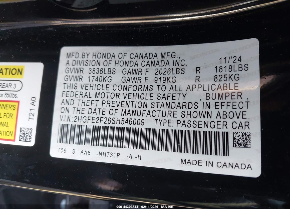 2025 HONDA CIVIC LX VIN: 2HGFE2F26SH546009