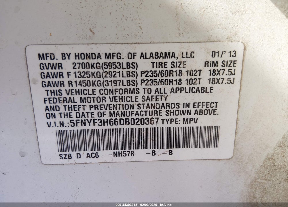 2013 HONDA PILOT EX-L VIN: 5FNYF3H66DB020367