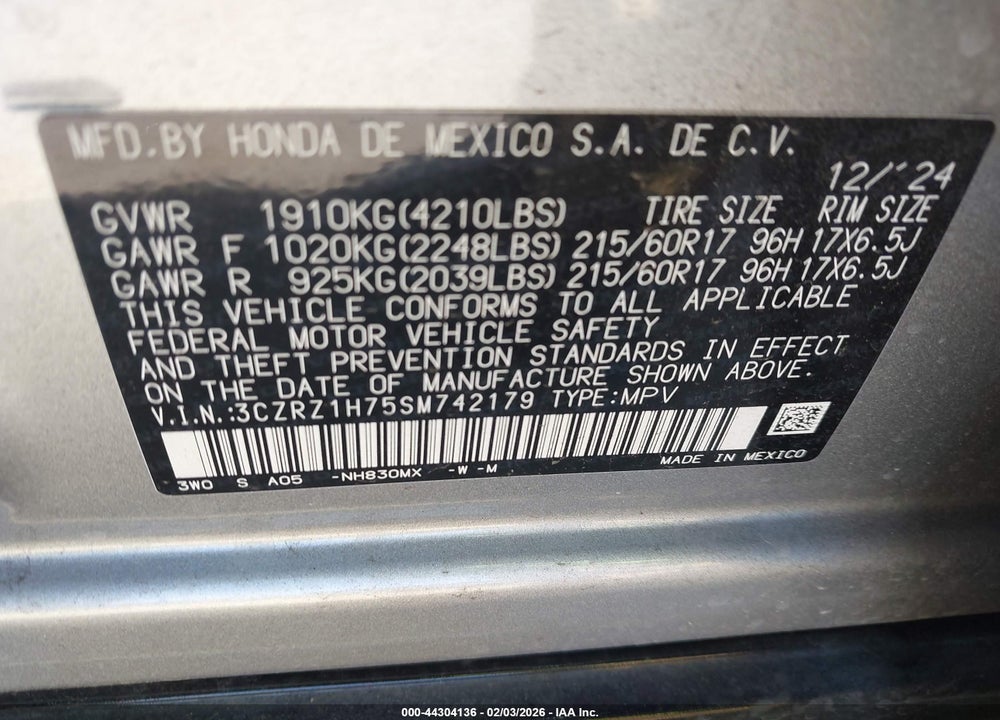 2025 HONDA HR-V 2WD EX-L VIN: 3CZRZ1H75SM742179