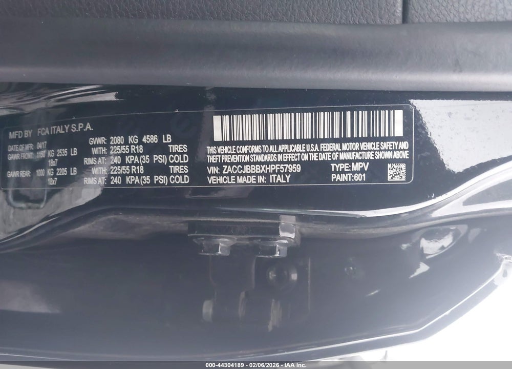 2017 JEEP RENEGADE LATITUDE 4X4 VIN: ZACCJBBBXHPF57959