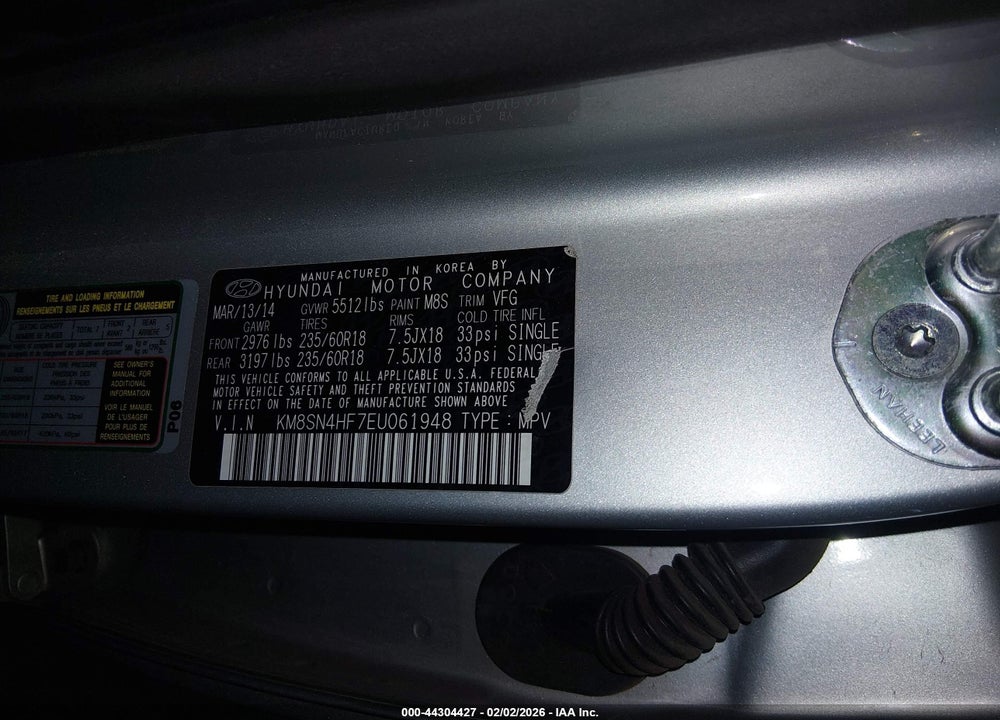 2014 HYUNDAI SANTA FE GLS VIN: KM8SN4HF7EU061948