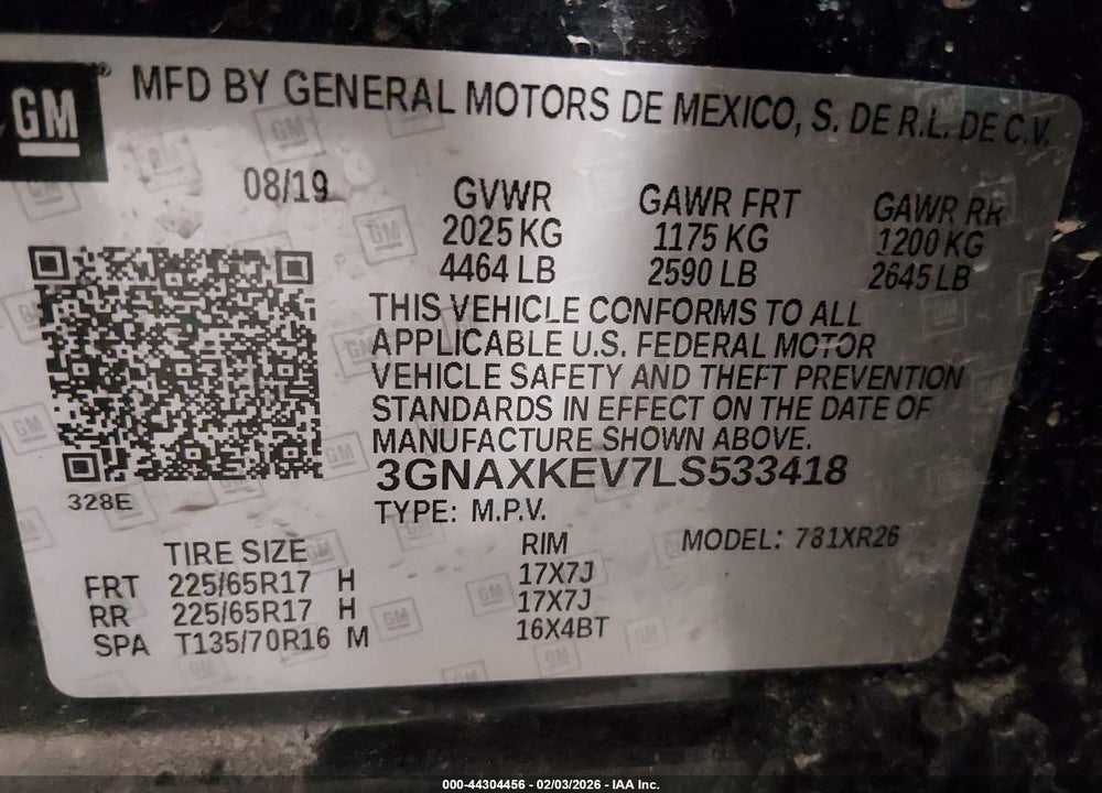 2020 CHEVROLET EQUINOX FWD LT 1.5L TURBO VIN: 3GNAXKEV7LS533418