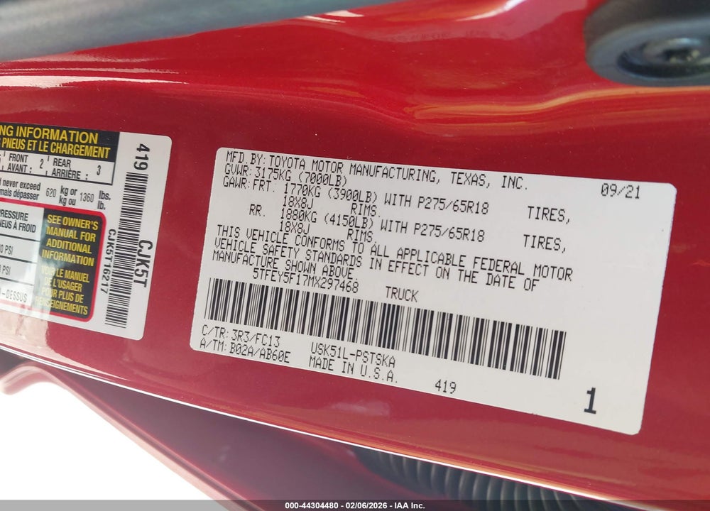 2021 TOYOTA TUNDRA SR5 VIN: 5TFEY5F17MX297468