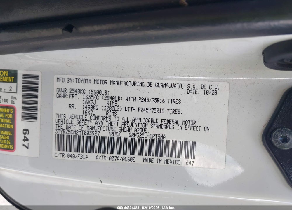 2021 TOYOTA TACOMA SR V6 VIN: 3TYRZ5CN2MT003927