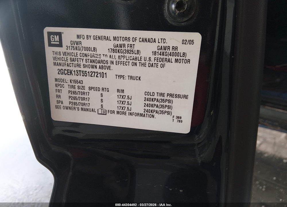 2005 CHEVROLET SILVERADO 1500 LS VIN: 2GCEK13T551272101