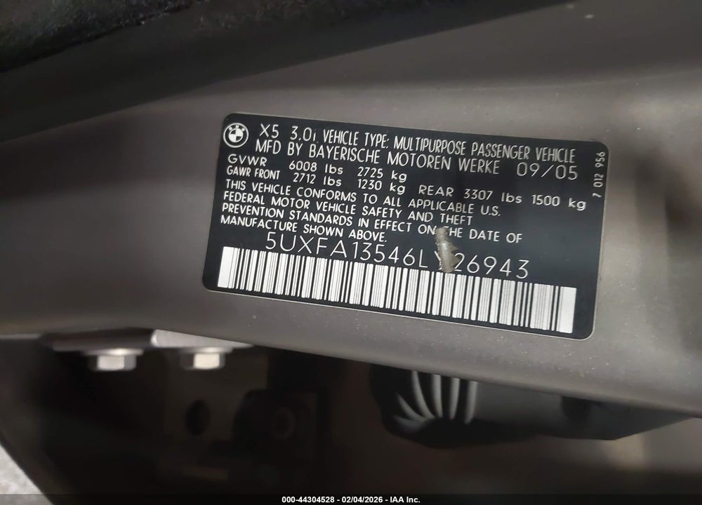 2006 BMW X5 3.0I VIN: 5UXFA13546LY26943