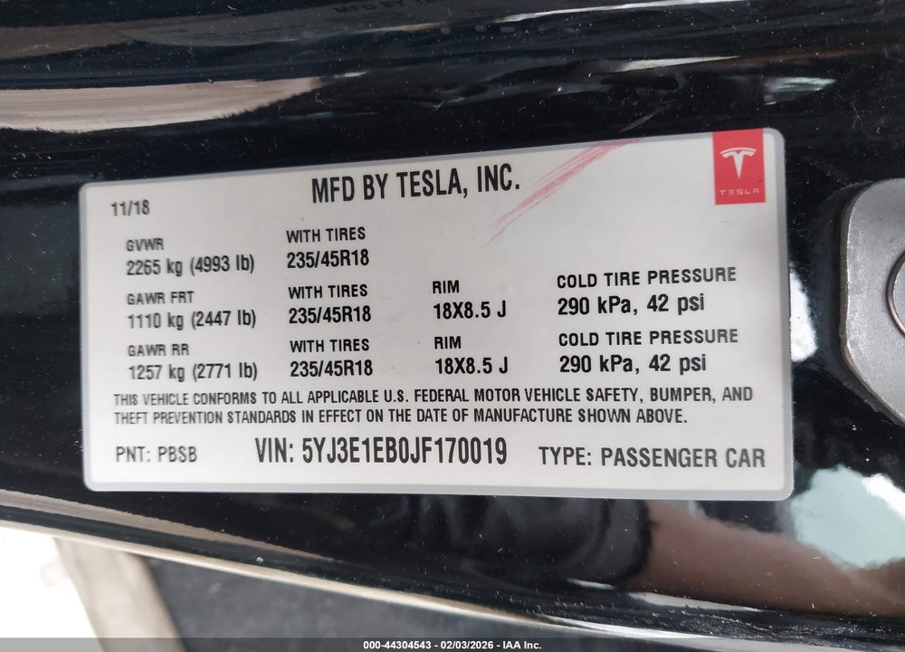 2018 TESLA MODEL 3 LONG RANGE/PERFORMANCE VIN: 5YJ3E1EB0JF170019