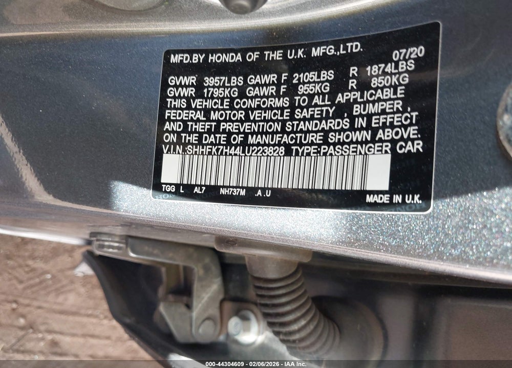 2020 HONDA CIVIC SPORT VIN: SHHFK7H44LU223828