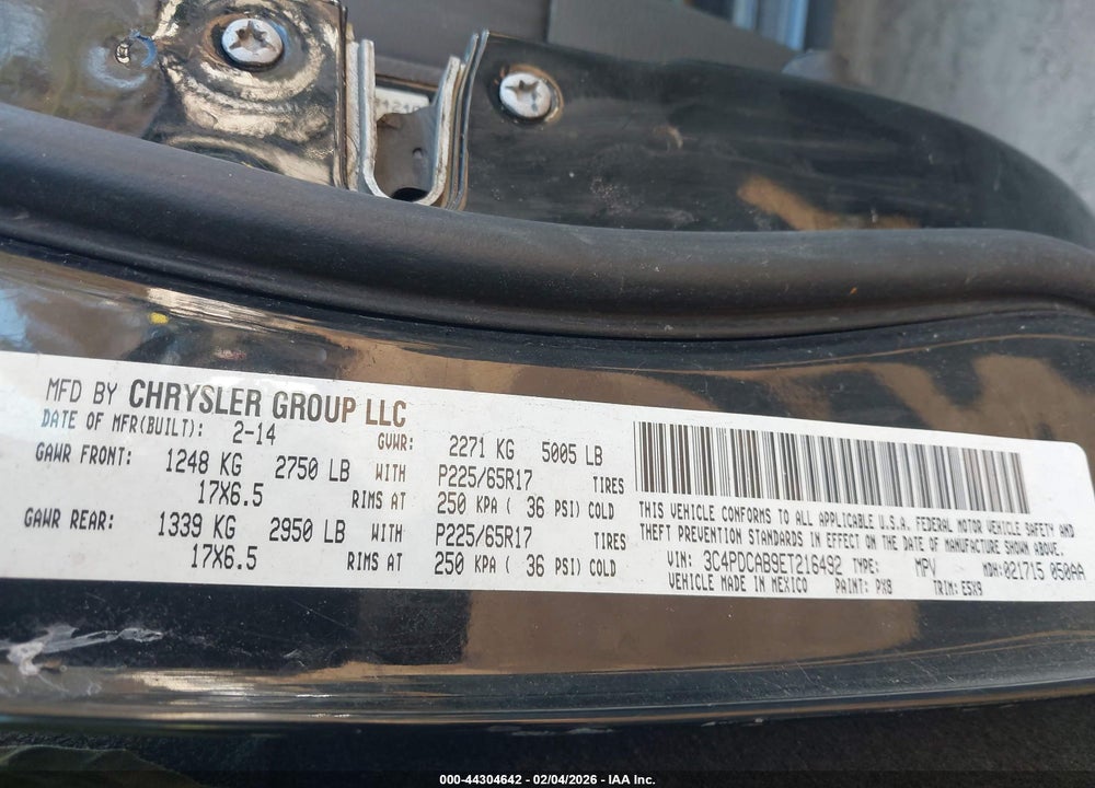 2014 DODGE JOURNEY AMERICAN VALUE PKG VIN: 3C4PDCAB9ET216492