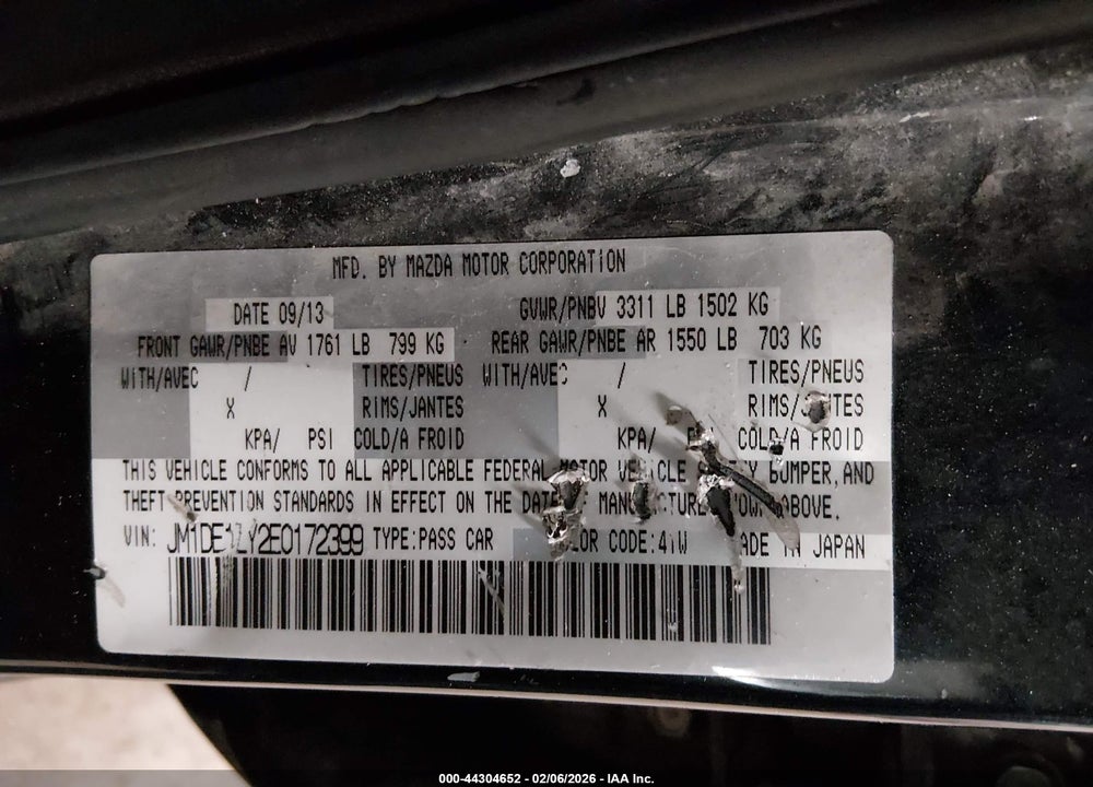 2014 MAZDA 2 TOURING VIN: JM1DE1LY2E0172399