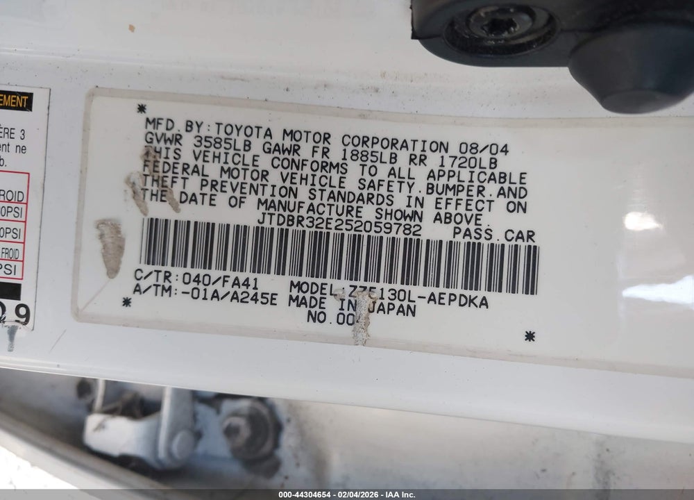 2005 TOYOTA COROLLA CE VIN: JTDBR32E252059782