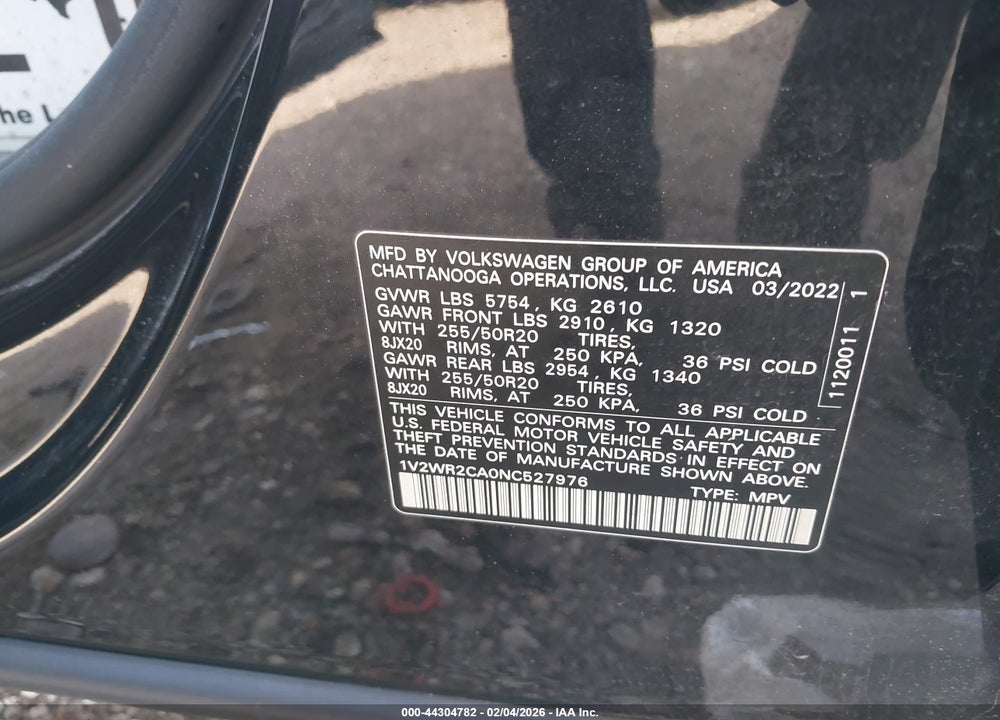 2022 VOLKSWAGEN ATLAS 3.6L V6 SE W/TECHNOLOGY VIN: 1V2WR2CA0NC527976