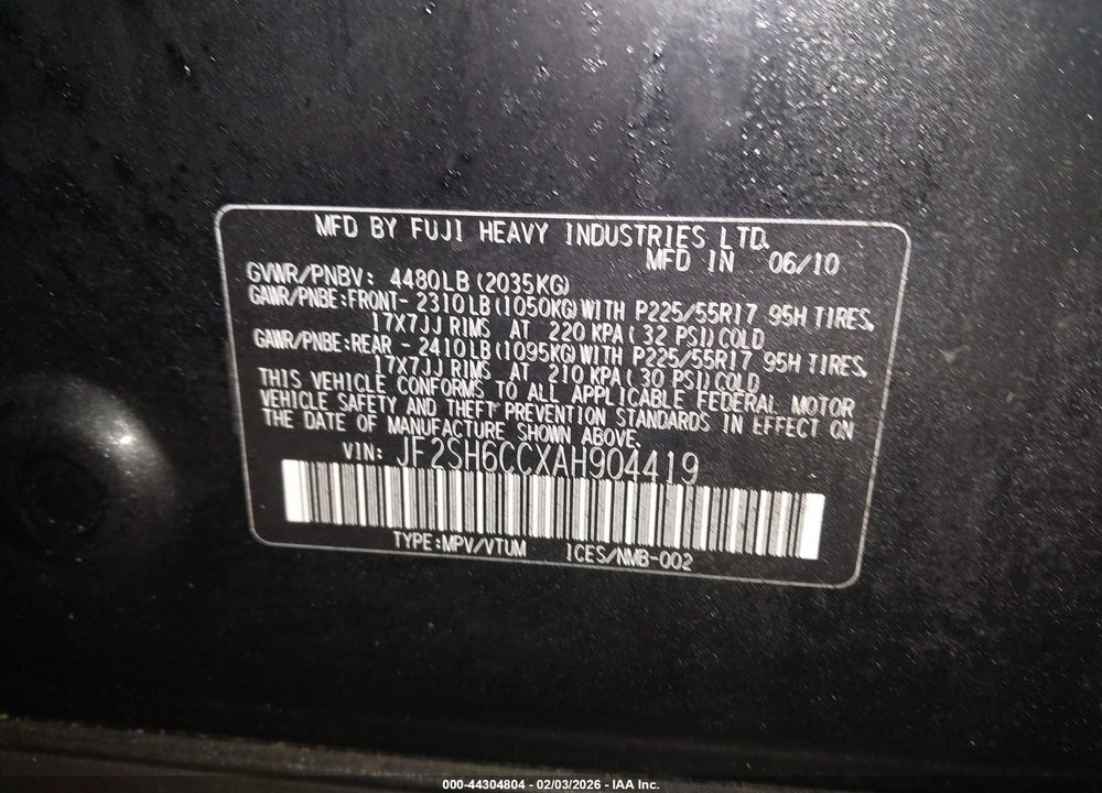 2010 SUBARU FORESTER 2.5X PREMIUM VIN: JF2SH6CCXAH904419