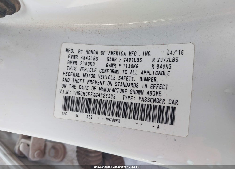 2016 HONDA ACCORD TOURING VIN: 1HGCR3F9XGA026508
