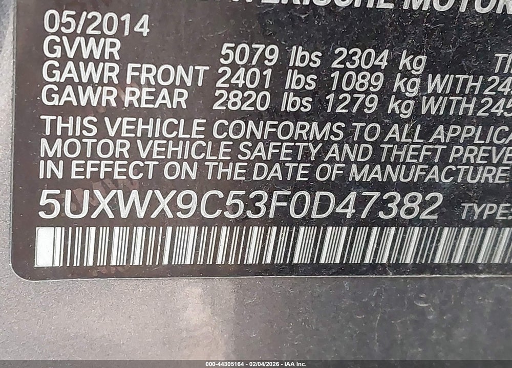 2015 BMW X3 XDRIVE28I VIN: 5UXWX9C53F0D47382