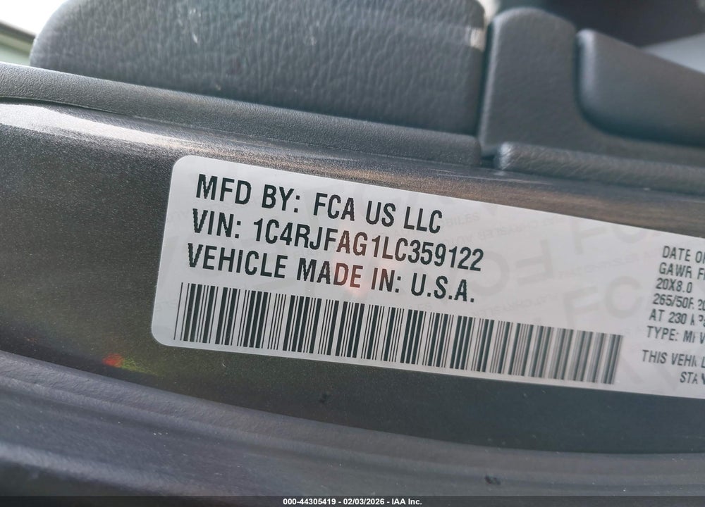 2020 JEEP GRAND CHEROKEE ALTITUDE 4X4 VIN: 1C4RJFAG1LC359122