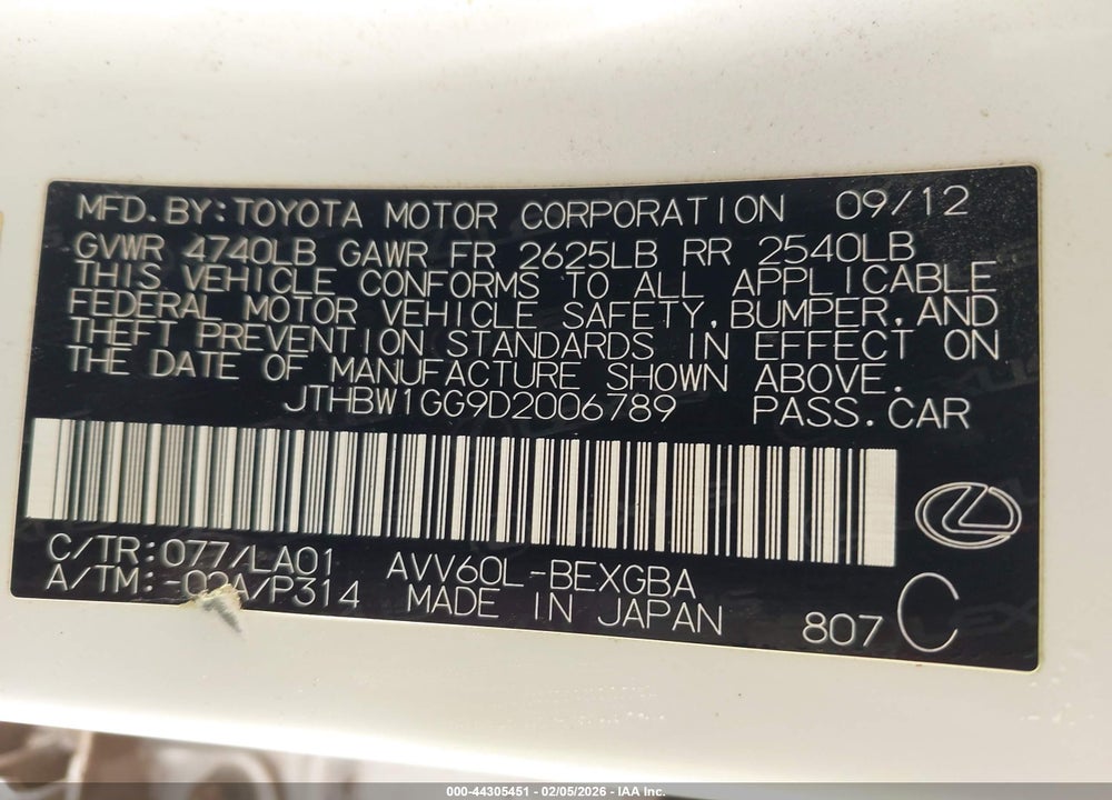 2013 LEXUS ES 300H HYBRID VIN: JTHBW1GG9D2006789