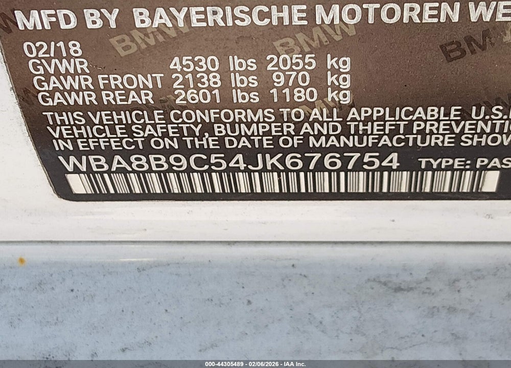 2018 BMW 330I VIN: WBA8B9C54JK676754