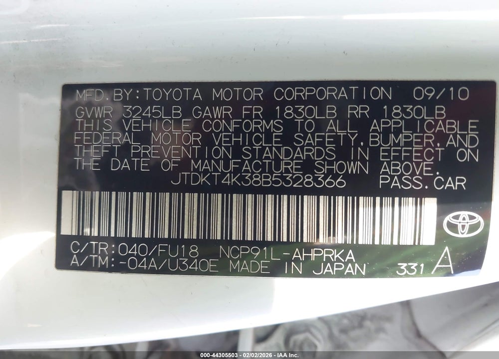 2011 TOYOTA YARIS VIN: JTDKT4K38B5328366