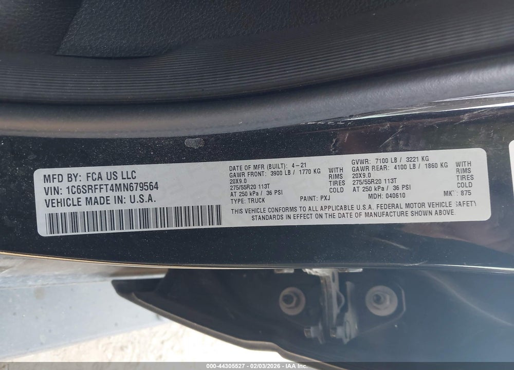 2021 RAM 1500 LONE STAR  4X4 5'7 BOX VIN: 1C6SRFFT4MN679564