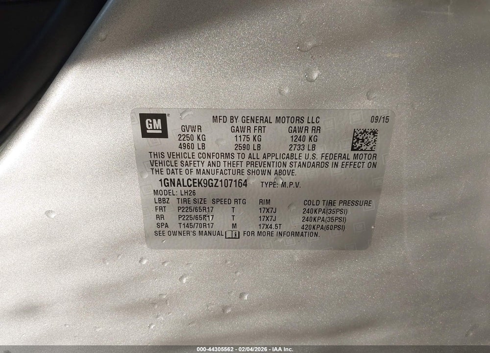 2016 CHEVROLET EQUINOX LT VIN: 1GNALCEK9GZ107164