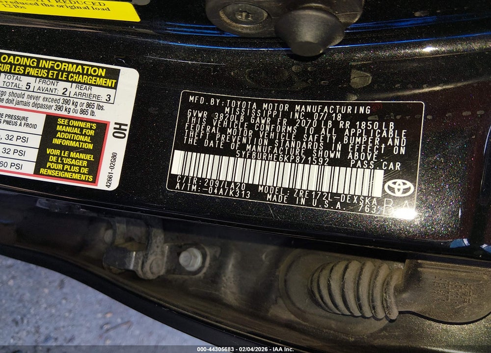 2019 TOYOTA COROLLA XSE VIN: 5YFBURHE6KP871592