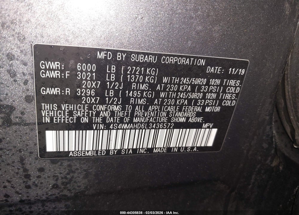 2020 SUBARU ASCENT PREMIUM VIN: 4S4WMAHD6L3436572