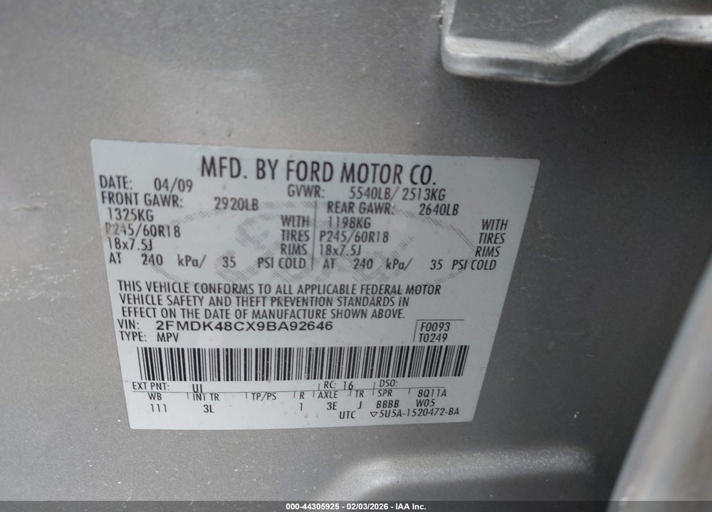 2009 FORD EDGE SEL VIN: 2FMDK48CX9BA92646