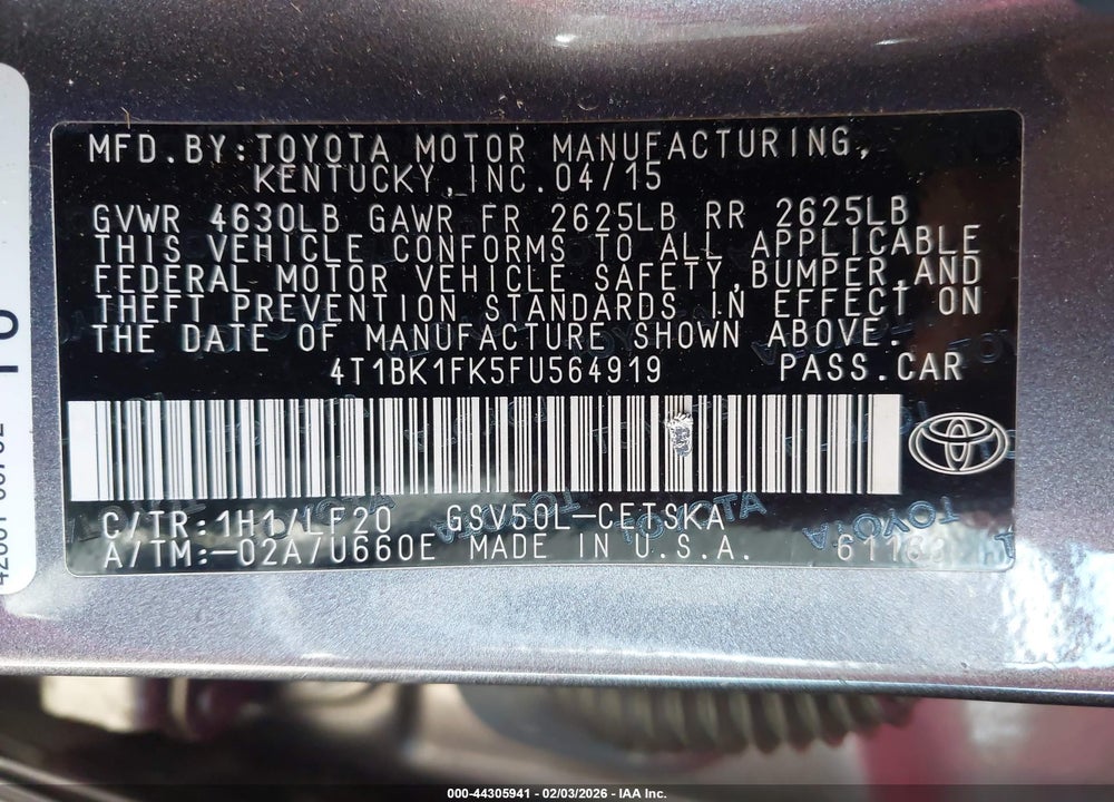 2015 TOYOTA CAMRY XSE V6 VIN: 4T1BK1FK5FU564919