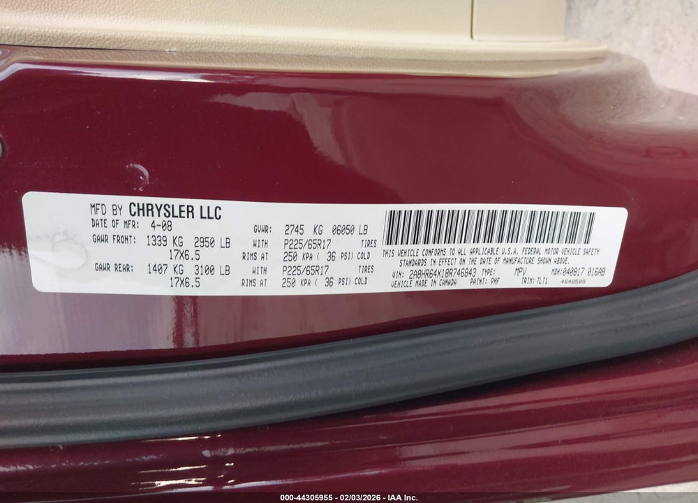 2008 CHRYSLER TOWN & COUNTRY LIMITED VIN: 2A8HR64X18R746843