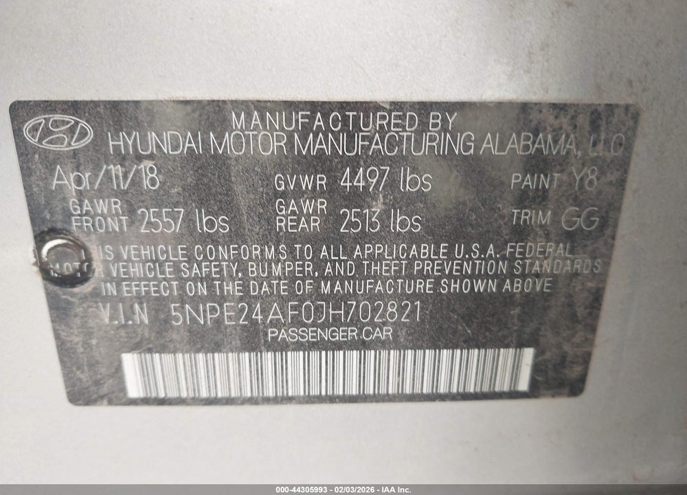 2018 HYUNDAI SONATA SE VIN: 5NPE24AF0JH702821