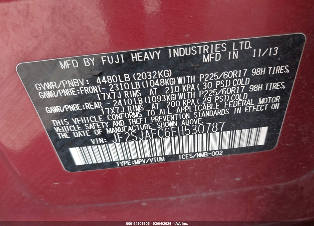 2014 SUBARU FORESTER 2.5I PREMIUM VIN: JF2SJAEC6EH530787