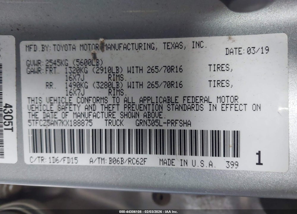 2019 TOYOTA TACOMA TRD OFF ROAD VIN: 5TFCZ5AN7KX188875