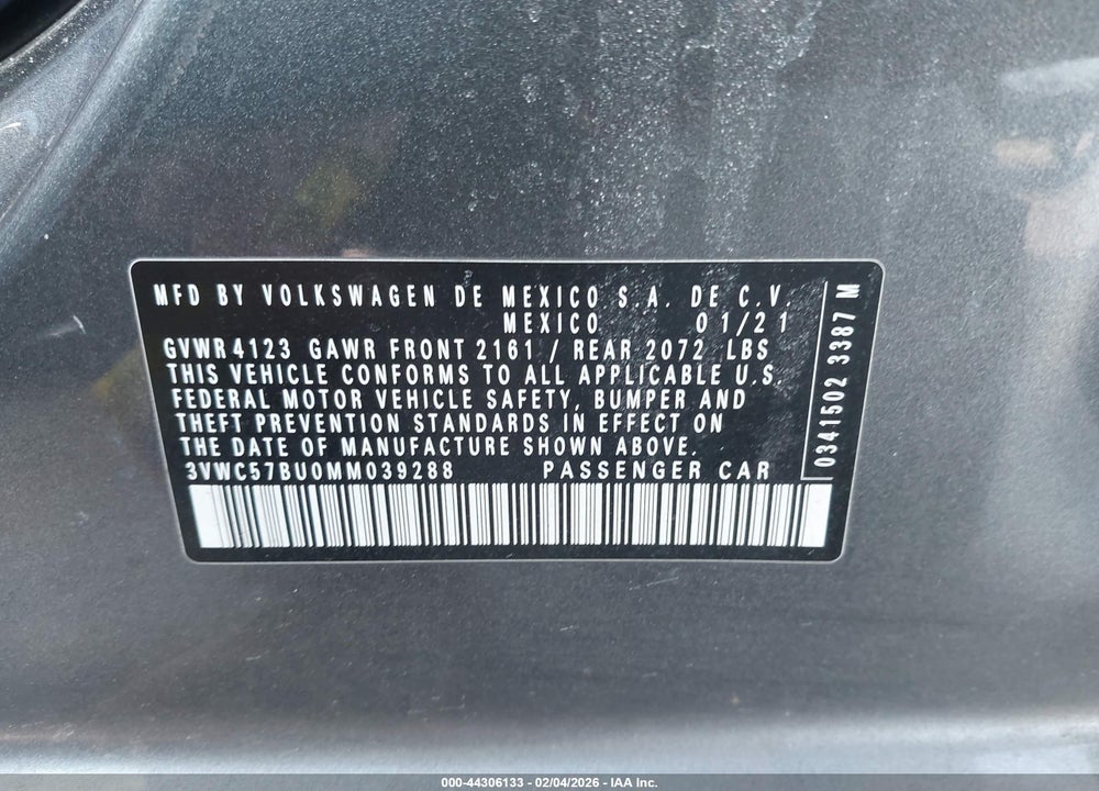 2021 VOLKSWAGEN JETTA 1.4T R-LINE/1.4T S/1.4T SE VIN: 3VWC57BU0MM039288