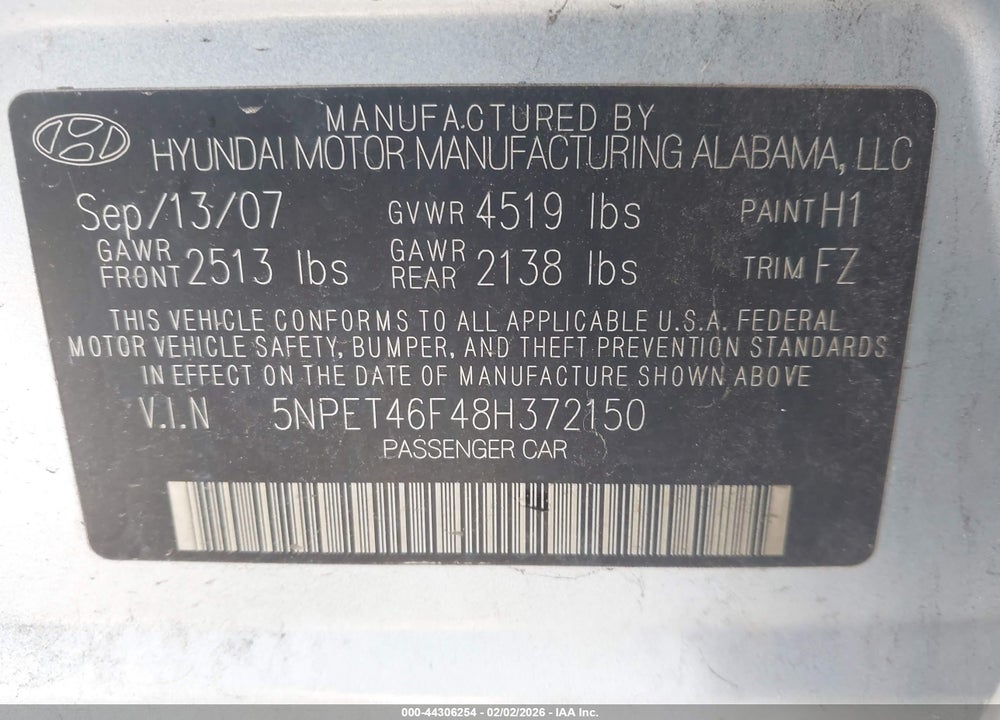 2008 HYUNDAI SONATA GLS V6 VIN: 5NPET46F48H372150