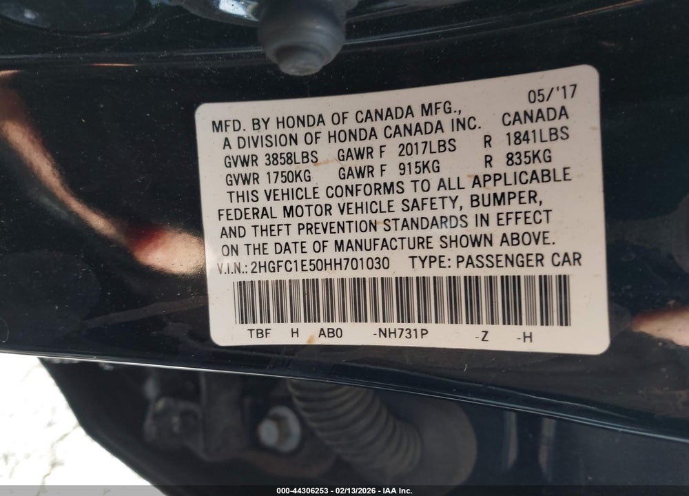 2017 HONDA CIVIC SI VIN: 2HGFC1E50HH701030