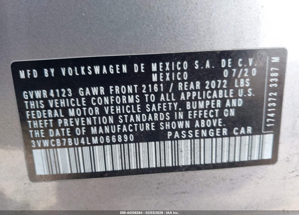 2020 VOLKSWAGEN JETTA 1.4T R-LINE/1.4T S/1.4T SE VIN: 3VWCB7BU4LM066890