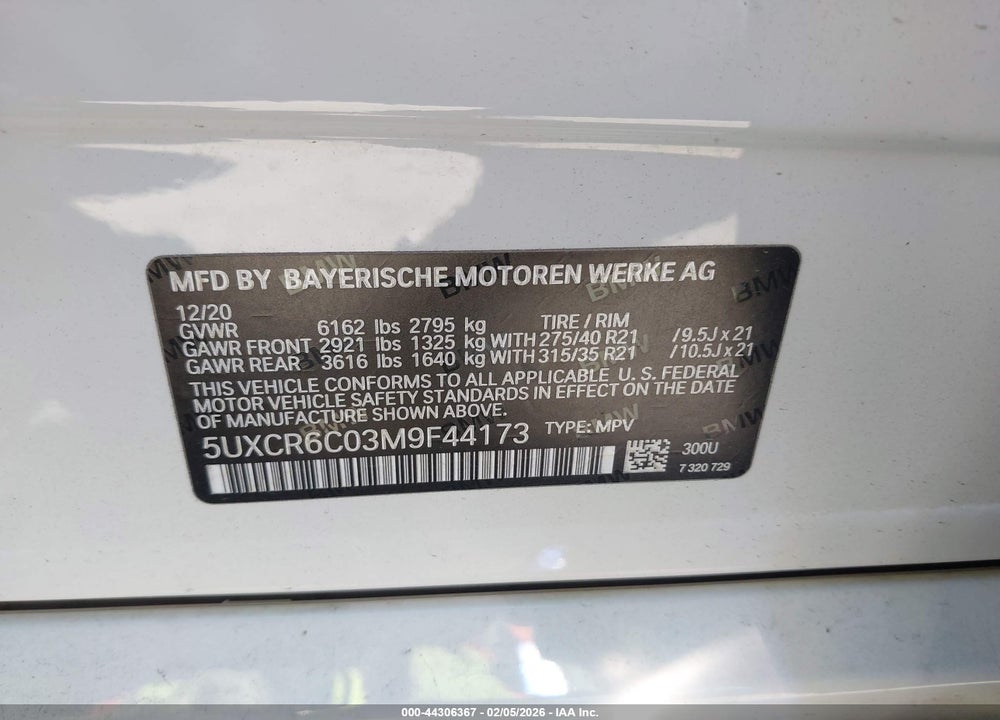 2021 BMW X5 XDRIVE40I VIN: 5UXCR6C03M9F44173