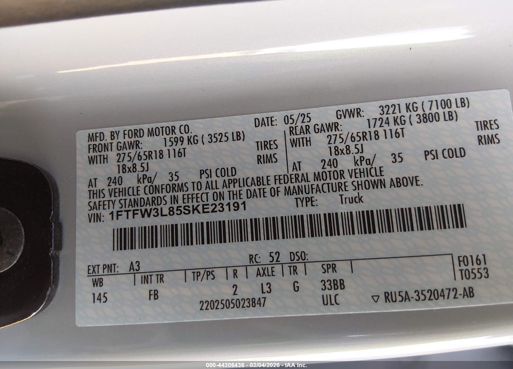 2025 FORD F-150 XLT VIN: 1FTFW3L85SKE23191