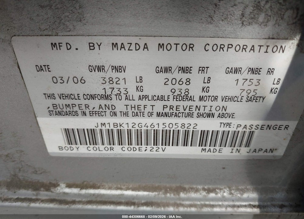 2006 MAZDA 3 I VIN: JM1BK12G461505822