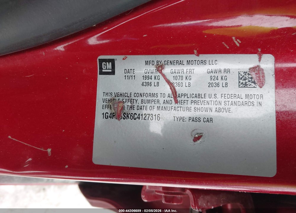 2012 BUICK VERANO LEATHER GROUP VIN: 1G4PS5SK6C4127316