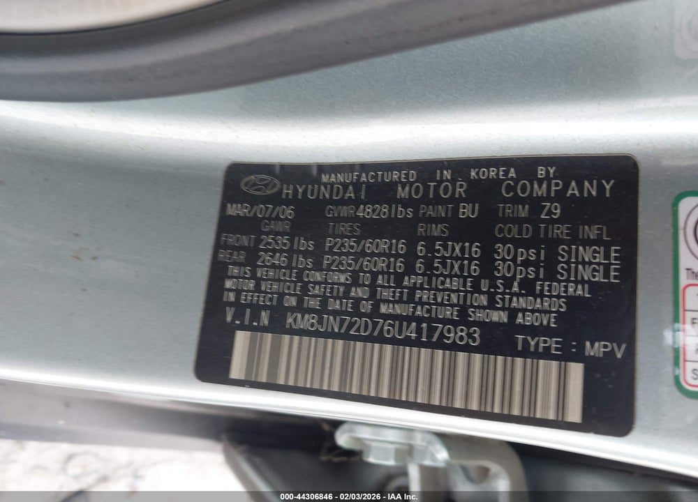 2006 HYUNDAI TUCSON GLS/LIMITED VIN: KM8JN72D76U417983