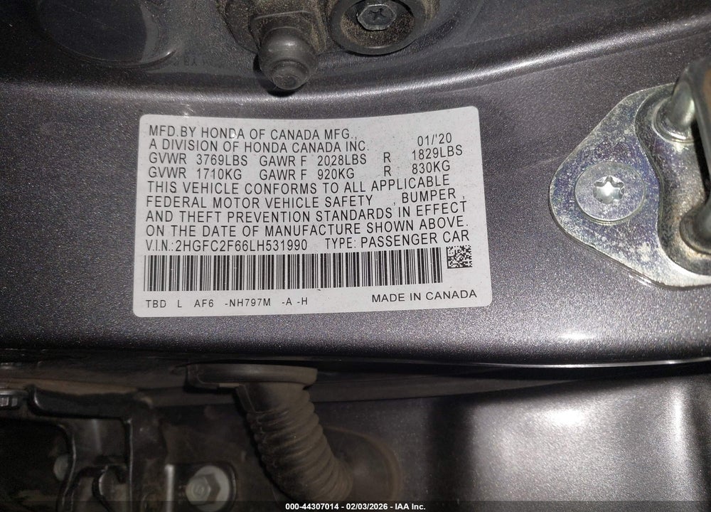 2020 HONDA CIVIC LX VIN: 2HGFC2F66LH531990