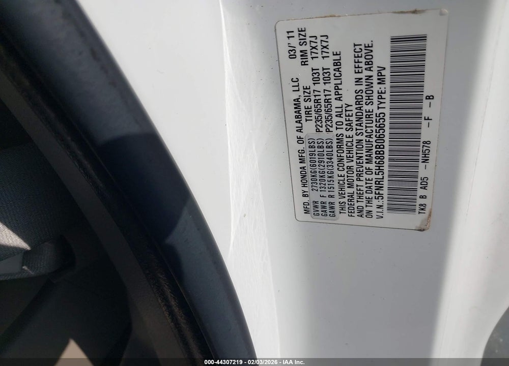 2011 HONDA ODYSSEY EX-L VIN: 5FNRL5H68BB065655