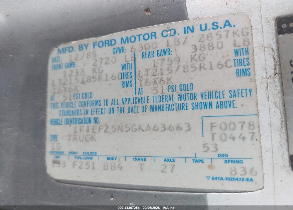 1986 FORD F250 VIN: 1FTEF25N5GKA63663