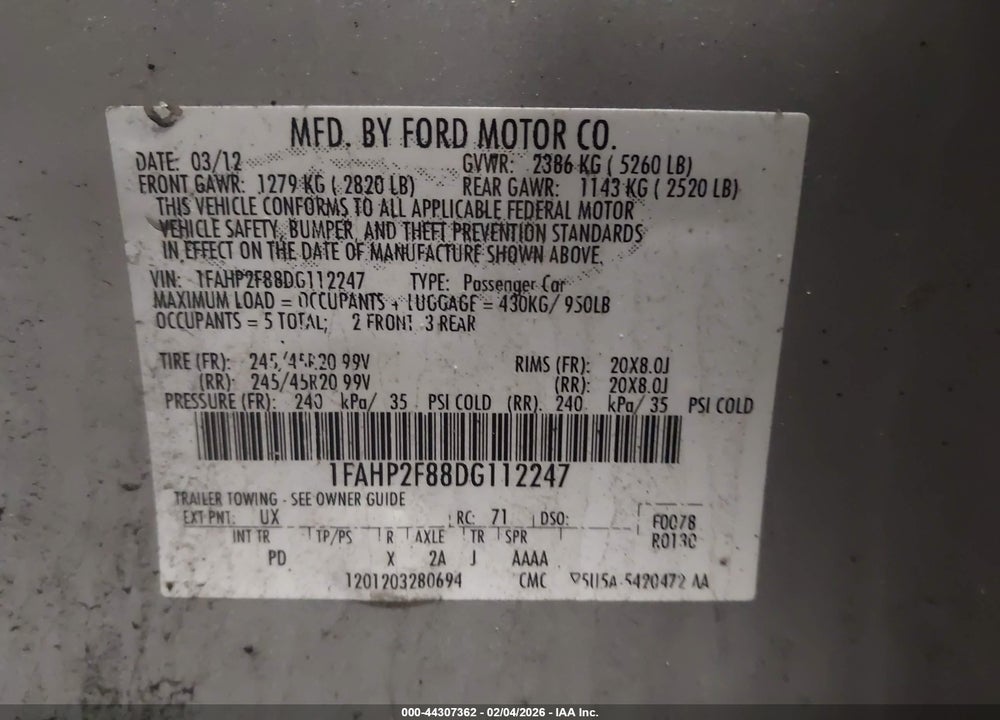 2013 FORD TAURUS LIMITED VIN: 1FAHP2F88DG112247