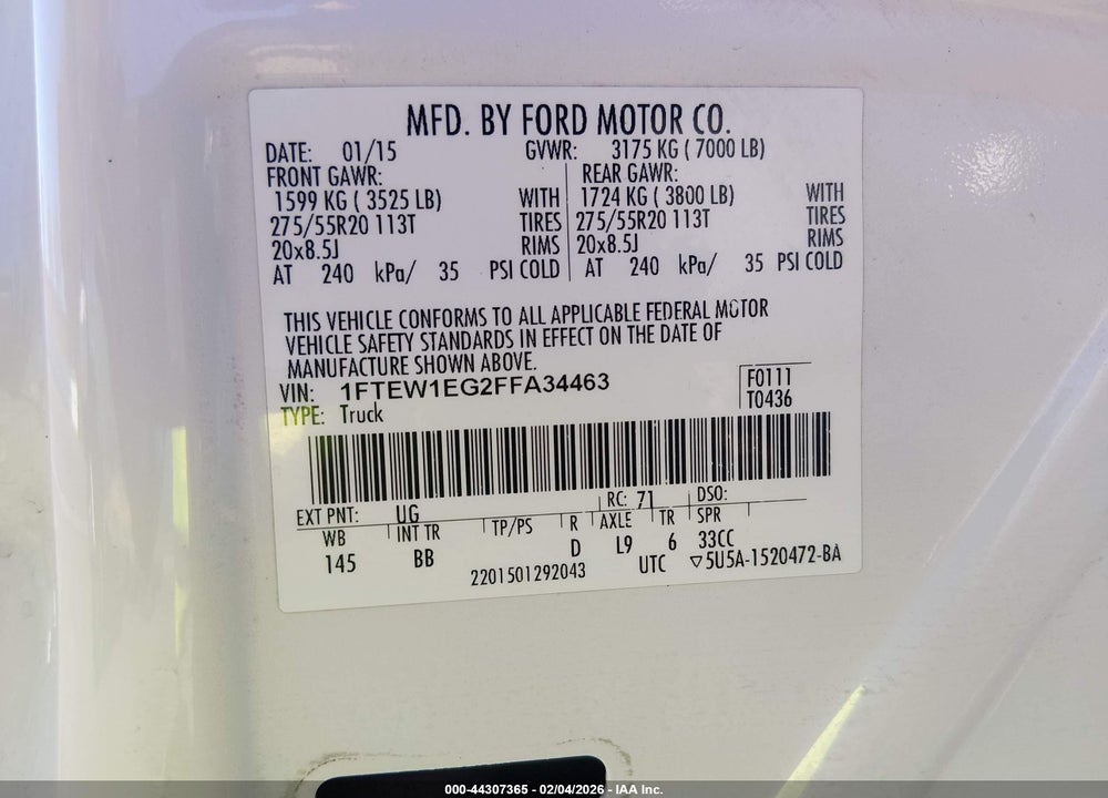 2015 FORD F-150 PLATINUM VIN: 1FTEW1EG2FFA34463