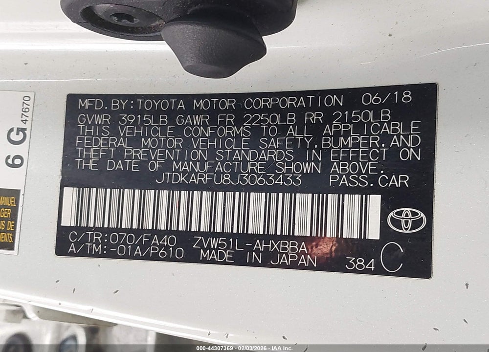 2018 TOYOTA PRIUS TWO ECO VIN: JTDKARFU8J3063433