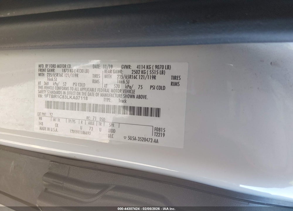 2020 FORD TRANSIT-250 VIN: 1FTBR1C83LKA07118